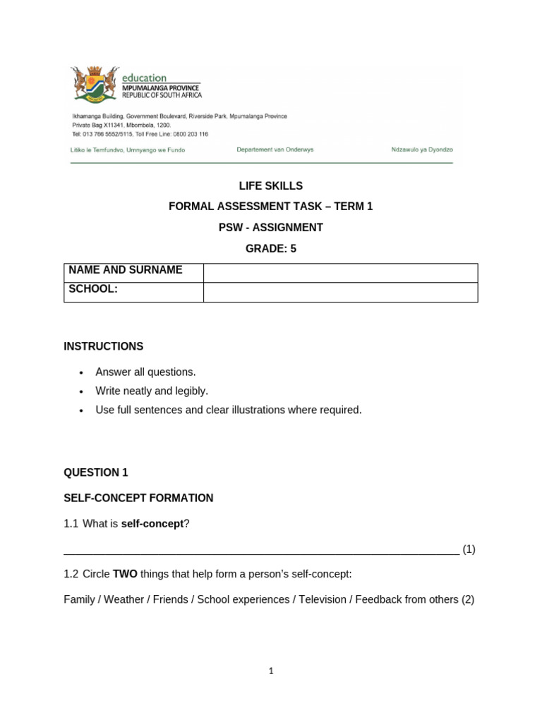 GRADE 5 ASSIGNMENT 2026 Term 1 - 121939 | PDF | Self Concept | Emotions