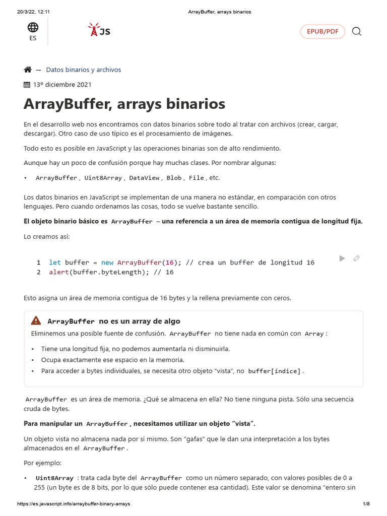 ArrayBuffer, Arrays Binarios | PDF | Poco | Ingeniería de software