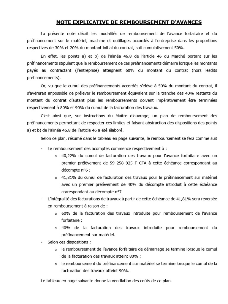 Note Explicative de Remboursement Avances Corrigee | PDF