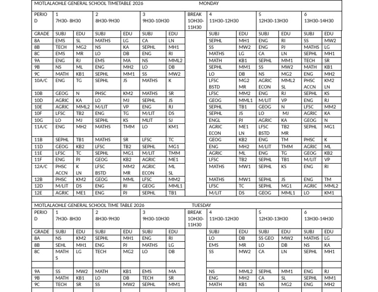 Time Table 2026 Revised - 071909 | PDF