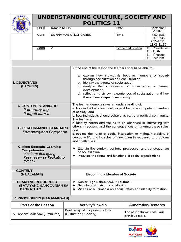 Ucsp Lesson Plan Sep 2222222222222222 | PDF | Socialization | Value ...
