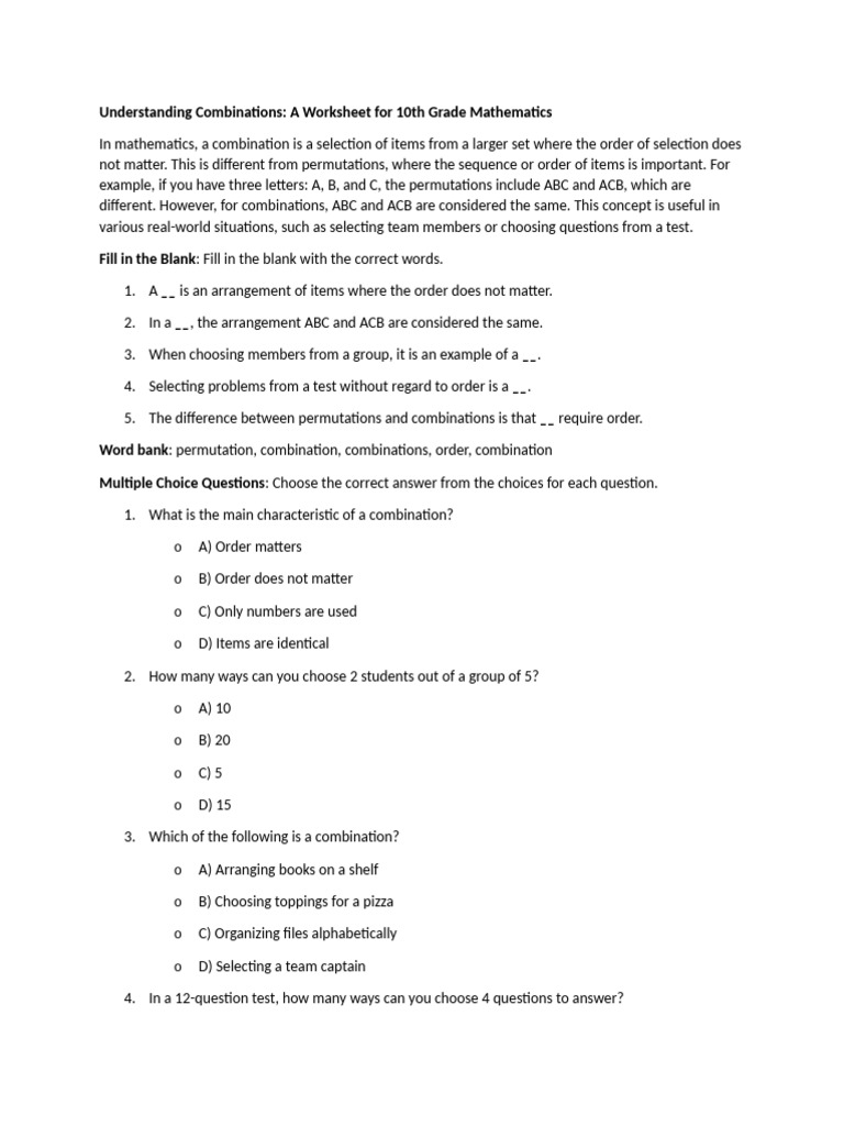 Math 10 Q3Understanding Combinations | PDF | Permutation | Multiple Choice