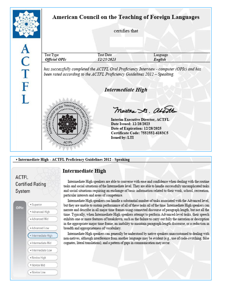 OPIC Certificate 样本 | PDF | Language Acquisition | Linguistics