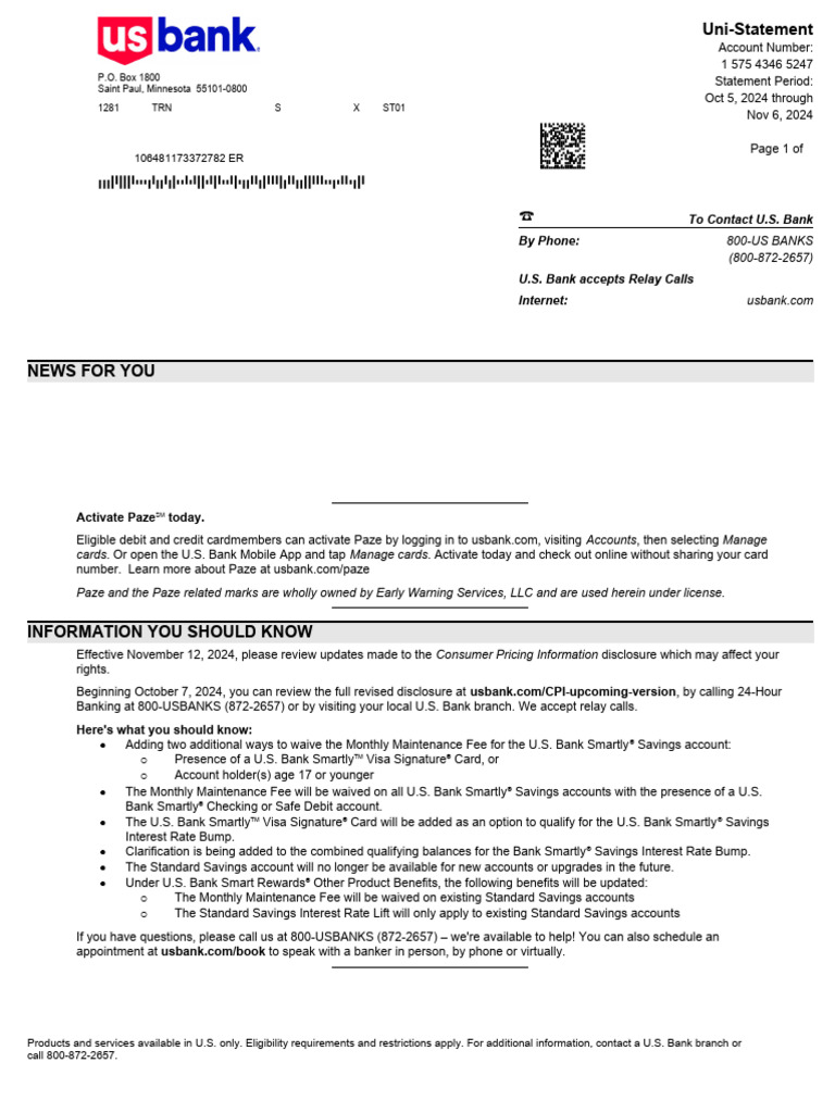 2024-11-06 Statement - USB Checking 5247 | PDF | Debit Card | Interest