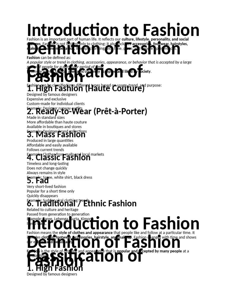 Introduction To Fashion | PDF | Fashion | Clothing