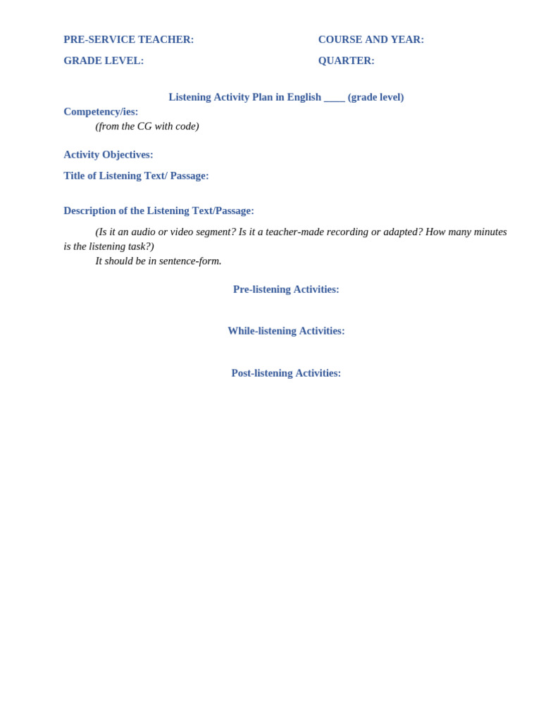 U3 Output Listening Activity Plan | PDF