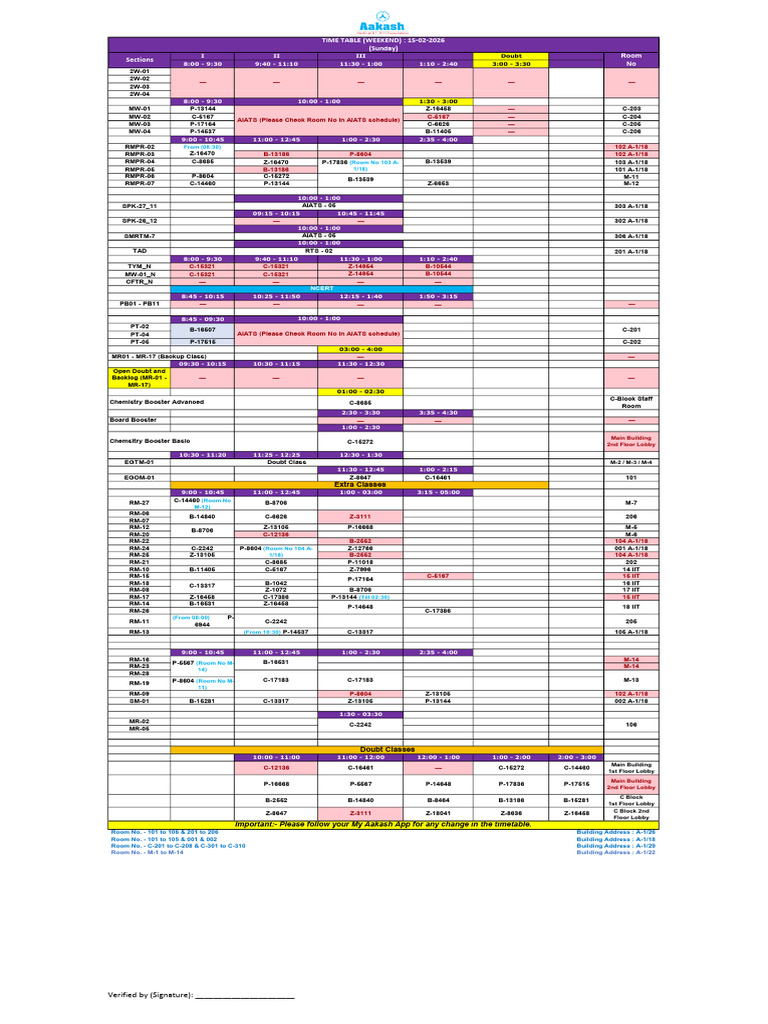 TIME TABLE (WEEKEND) : 15-02-2026 (Sunday) Sections: From (08:30) | PDF