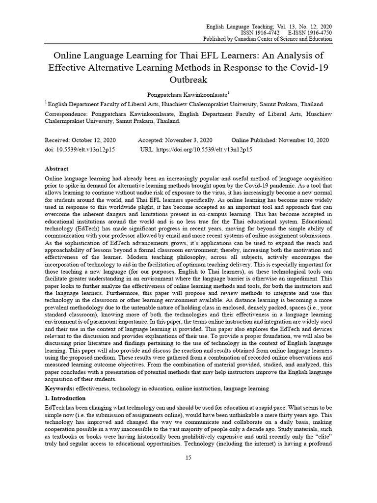 Online Language Learning For Thai EFL Learners An Analysis of | PDF ...