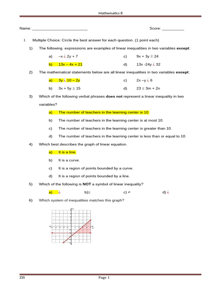 Math 8 Test Answer Key | PDF | Function (Mathematics) | Inequality ...