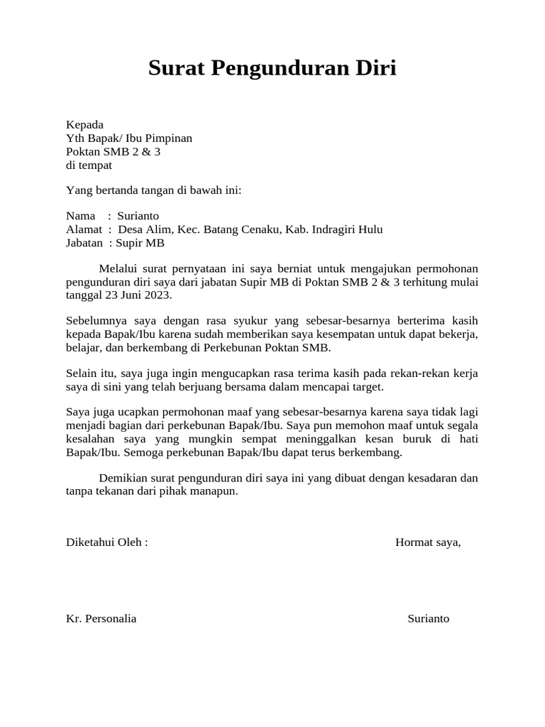 Surat Pengunduran Diri Pak Surianto | PDF