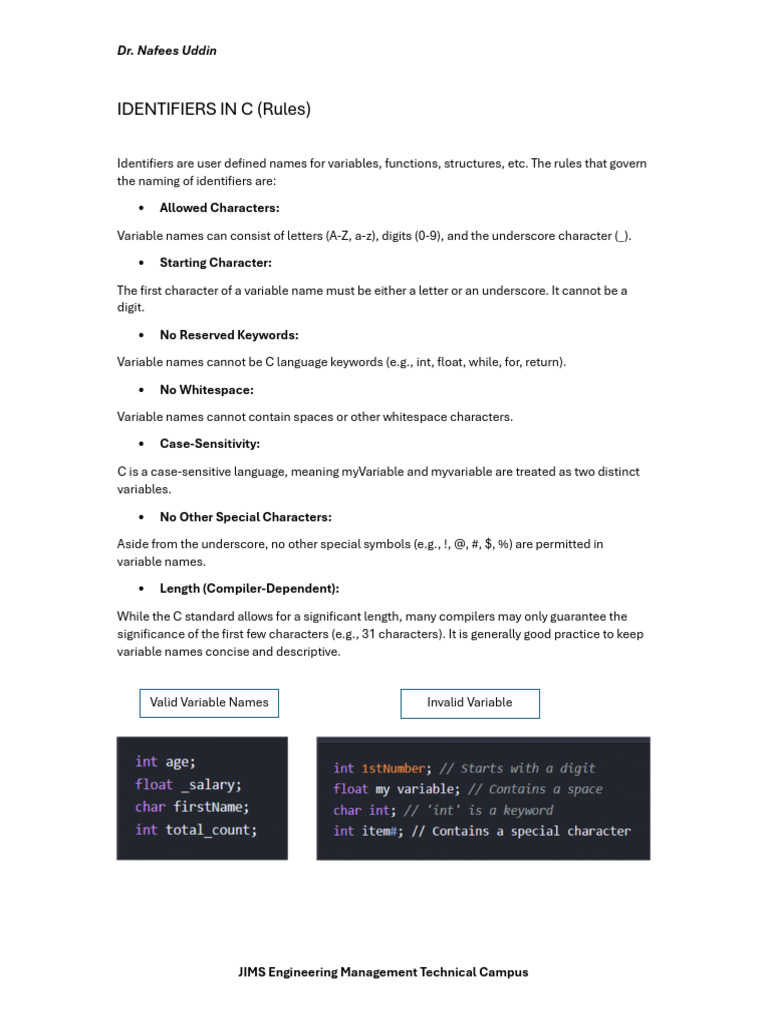 Variable Name Rules in C | PDF