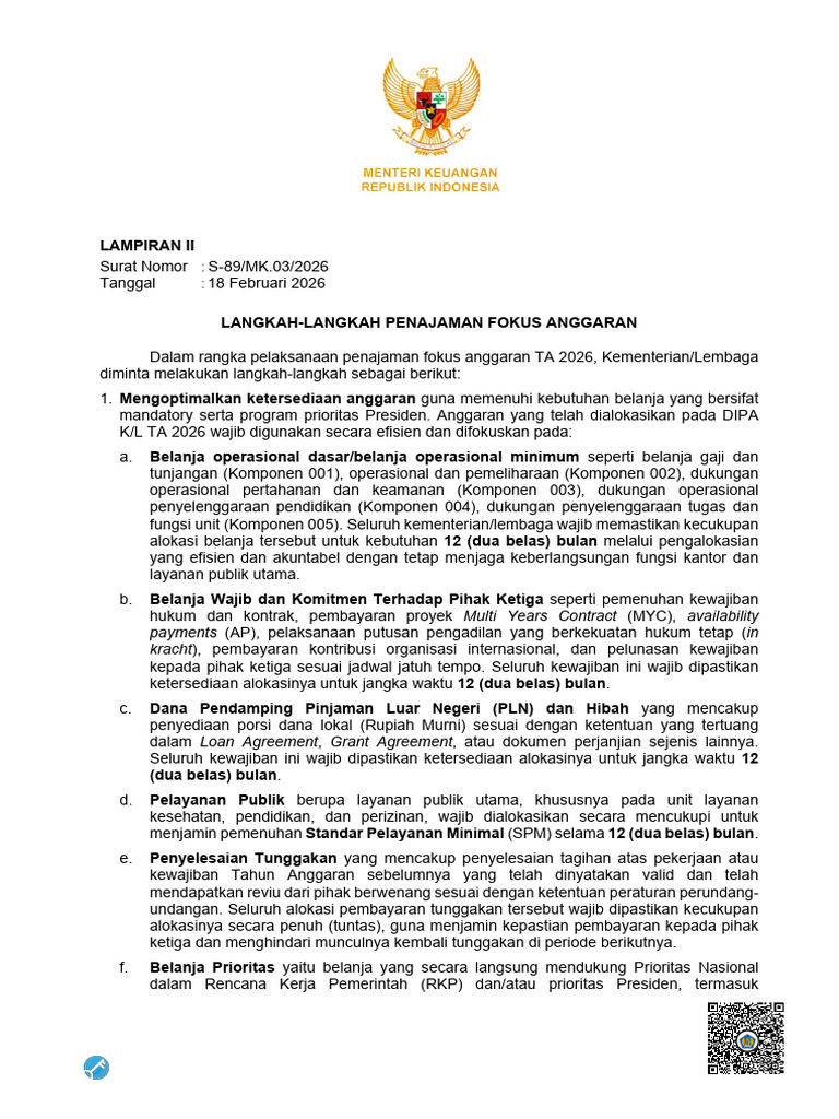 Lampiran II Nomor S 89 MK.03 2026 | PDF