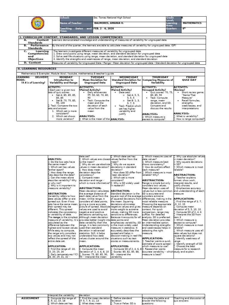 DLL Math 8 Fourth Quarter Week 1 - 114807 | PDF | Standard Deviation ...