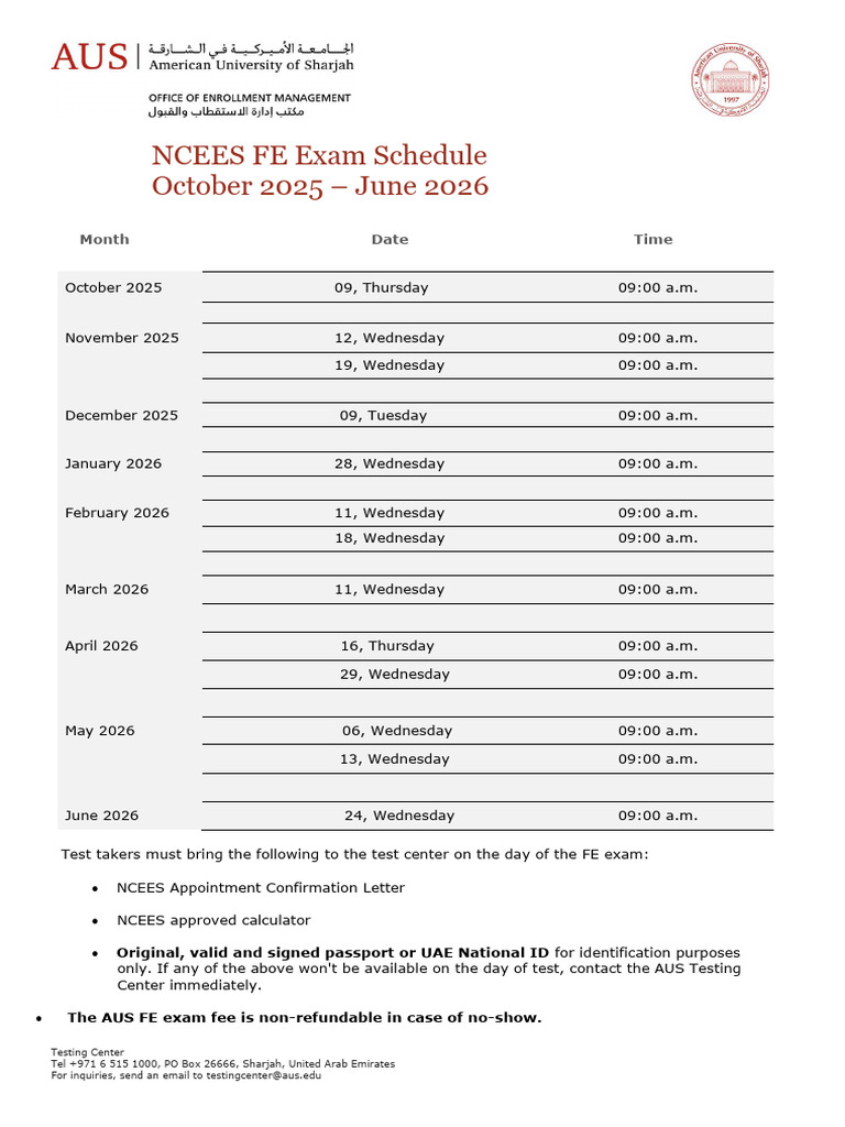 Fe Exam Schedule October 2025 - June 2026 | PDF