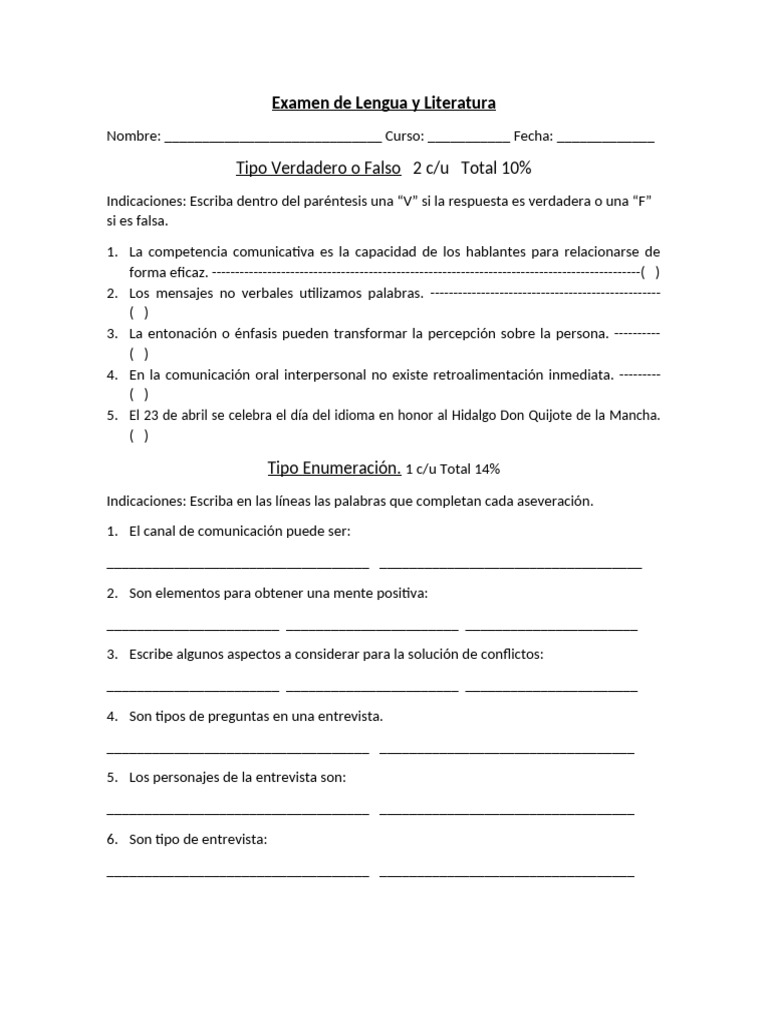 Examen de Lengua y Literatura | PDF | Comunicación | Comunicación humana