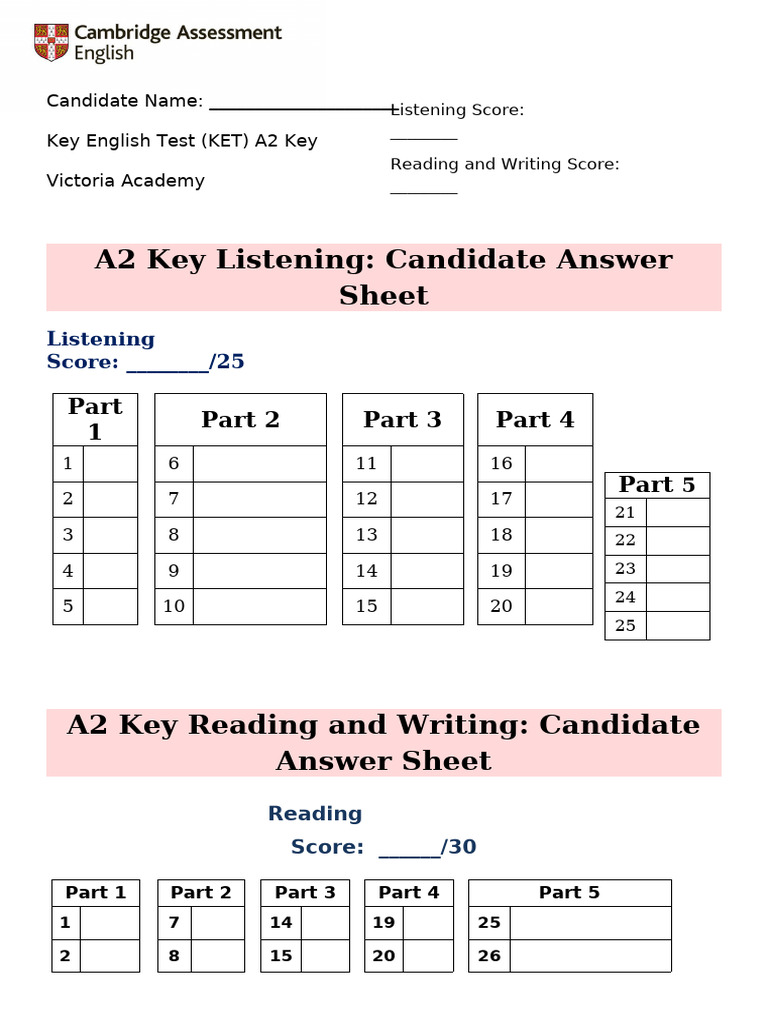 Cambridge KET Answer Sheet | PDF | Vocational Education | Languages Of ...