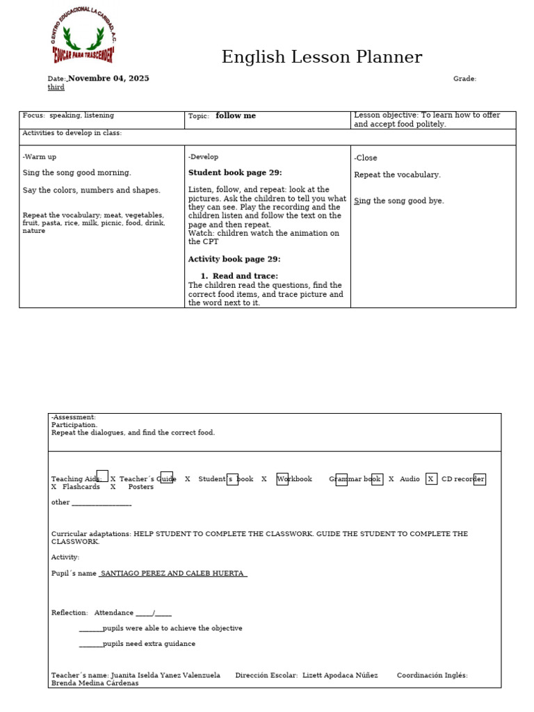 Third Grade English Lesson Planner | PDF | Lunch | Meal