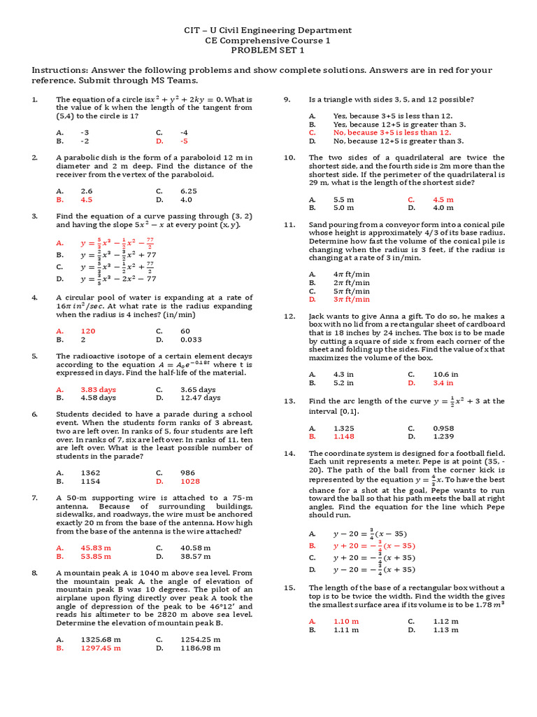 Algebra Engineering Sample Problems | PDF | Circle | Geometry
