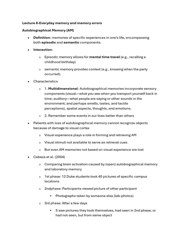 Note 8-Everyday Memory and Memory Errors | PDF | Memory | Recall (Memory)