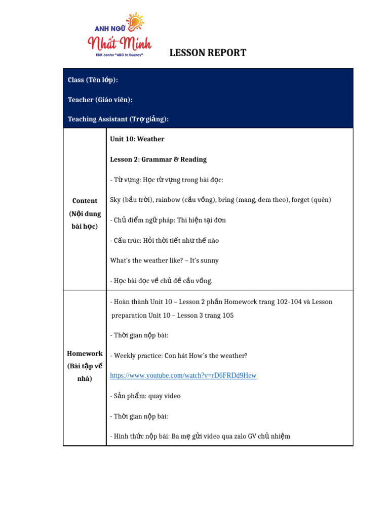 Lesson Report - U10 - l2 - Yl 2 | PDF