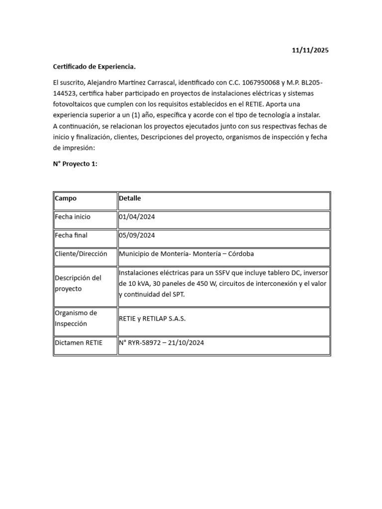 Certificado de Experiencia Ingeniero Alejandro Martinez Carrascal | PDF ...
