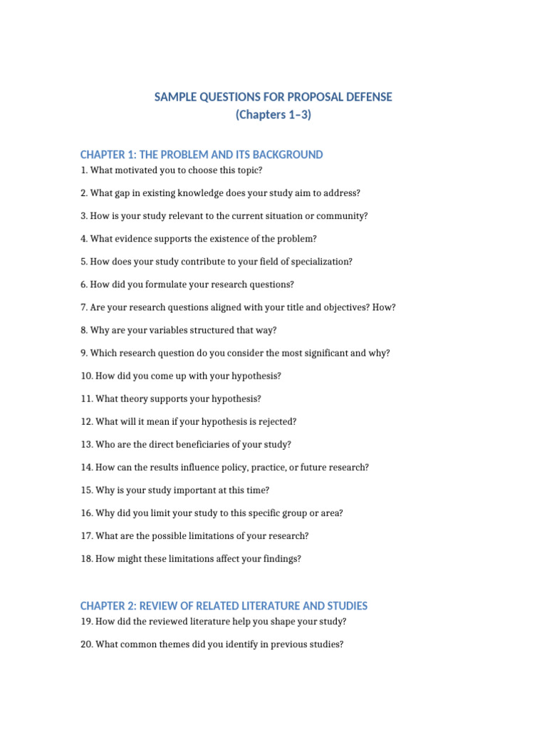 Sample Proposal Defense Questions Chapter 1-3 | PDF | Methodology ...