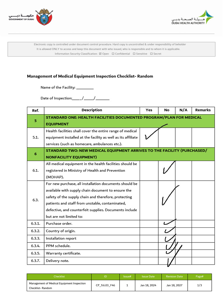 Management of Medical Equipment Checklist - Random Inspection | PDF ...