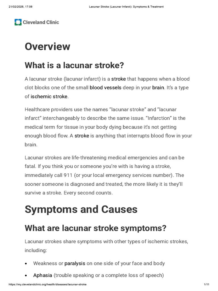 Lacunar Stroke (Lacunar Infarct) - Symptoms & Treatment | PDF | Stroke ...