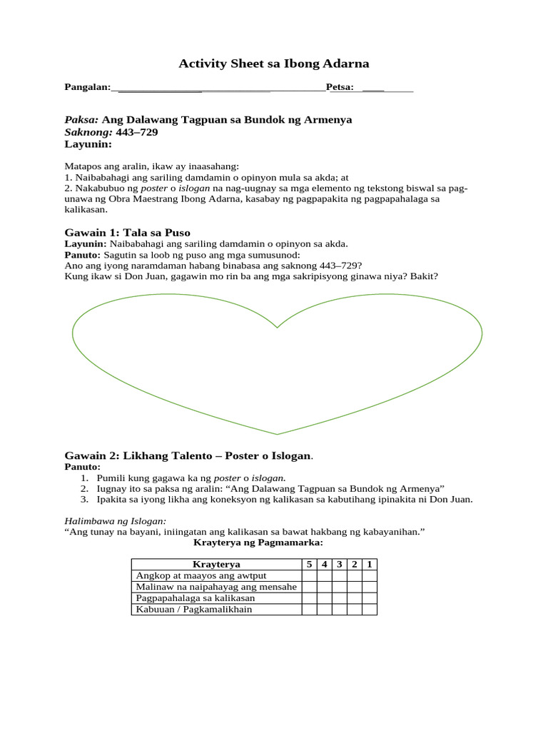 Mov Activity Sheet Sa Ibong Adarna | PDF