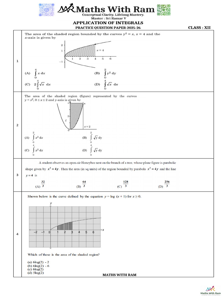 Application of Integrals Practicepaper Mathswithram | PDF