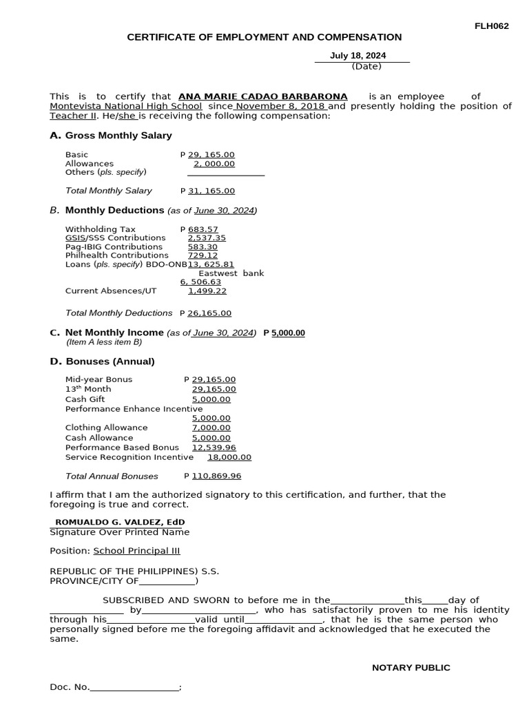 HDMF Certificate Employment and Compensation Form | PDF