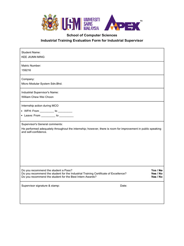 KEE JIUNN MING External EvaluationForm | PDF | Cognitive Science ...