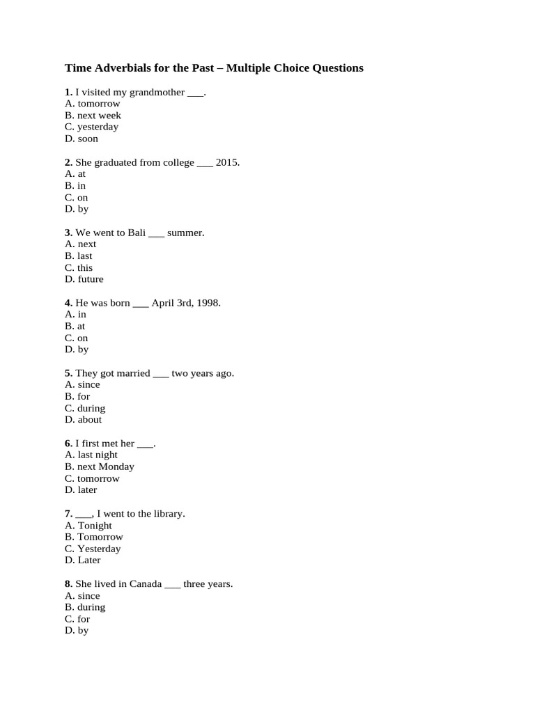 Multiple Choice - Time Adverbials For The Past - Student | PDF
