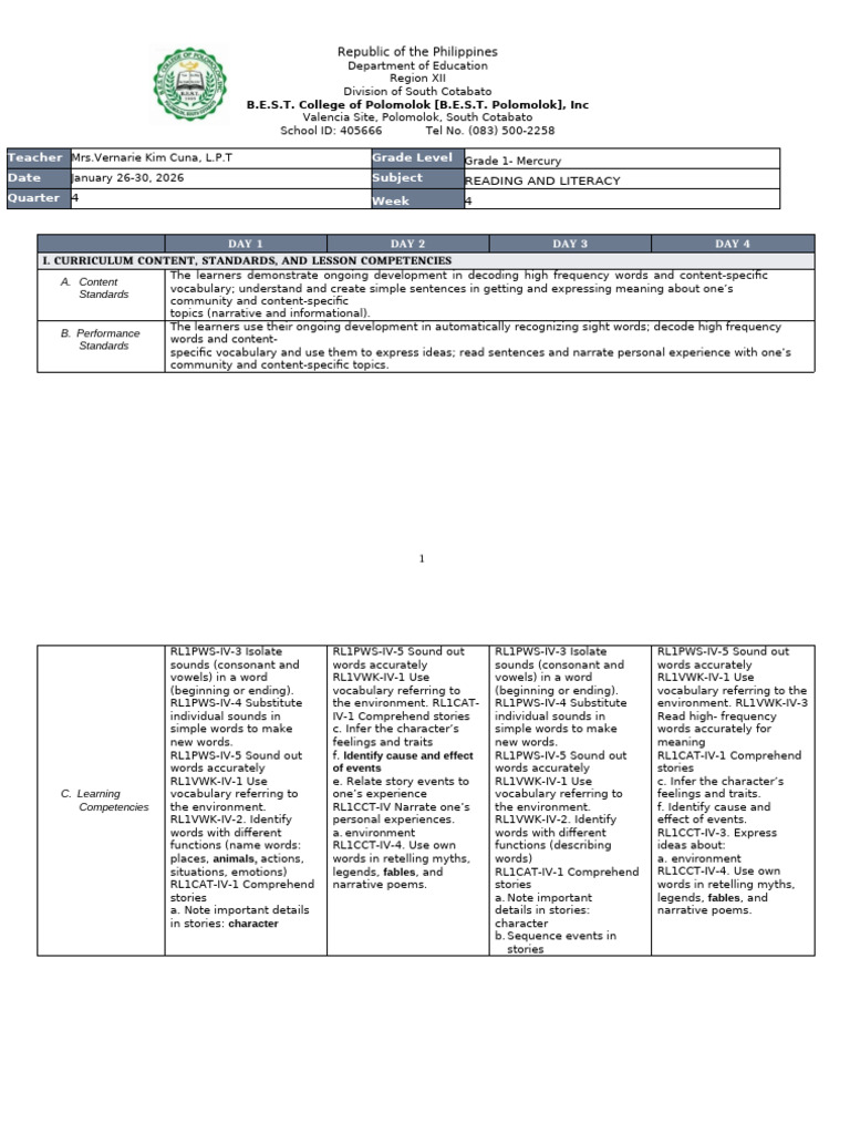 READING & LITERACY 1 Q4W4 | PDF | Narrative | Written Communication