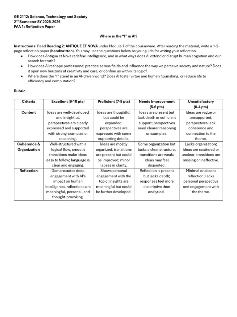 PAA 1 Reflection Paper With Rubric SY 25-26 S2 | PDF | Artificial ...