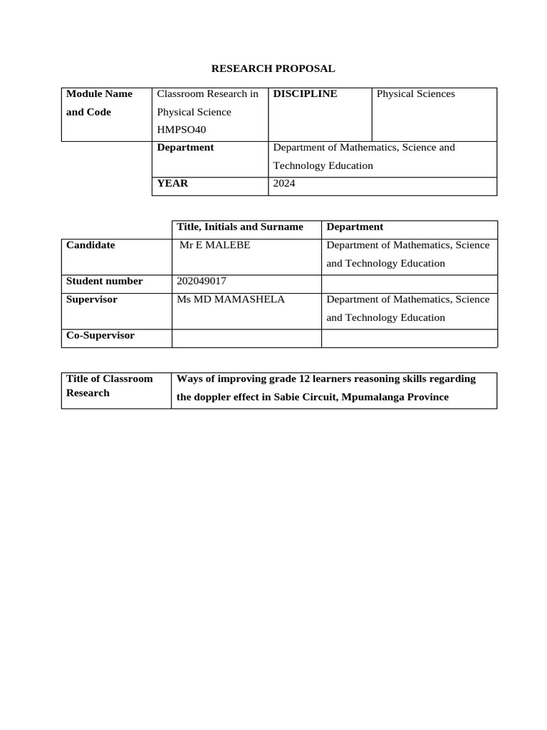 Malebe e HMPS040 Research Proposal | PDF | Learning | Methodology