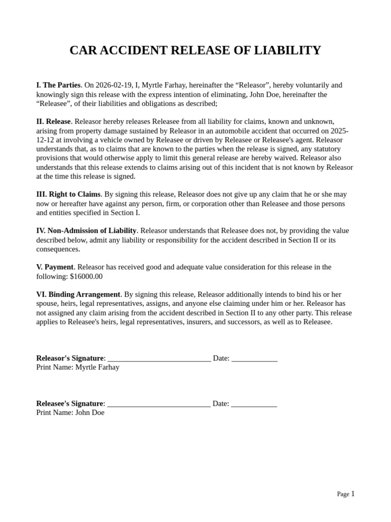 Car Accident Release of Liability Form (Settlement Agreement) | PDF
