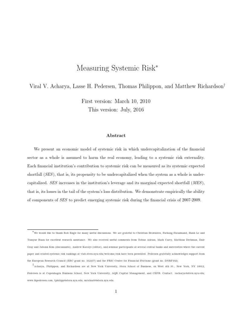 MeasuringSystemicRisk RFS MR Final | PDF | Systemic Risk | Value At Risk