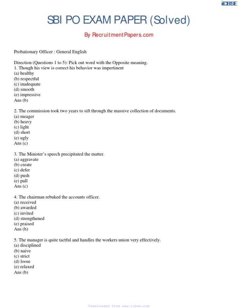 Sbi Po Exam Paper 8 | PDF