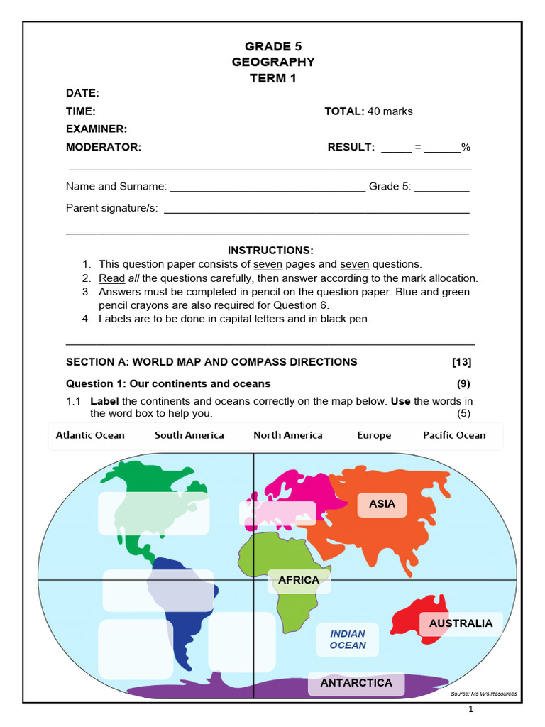 2023 Grade 5 Term 1 Geography | PDF | Continent | Earth Sciences