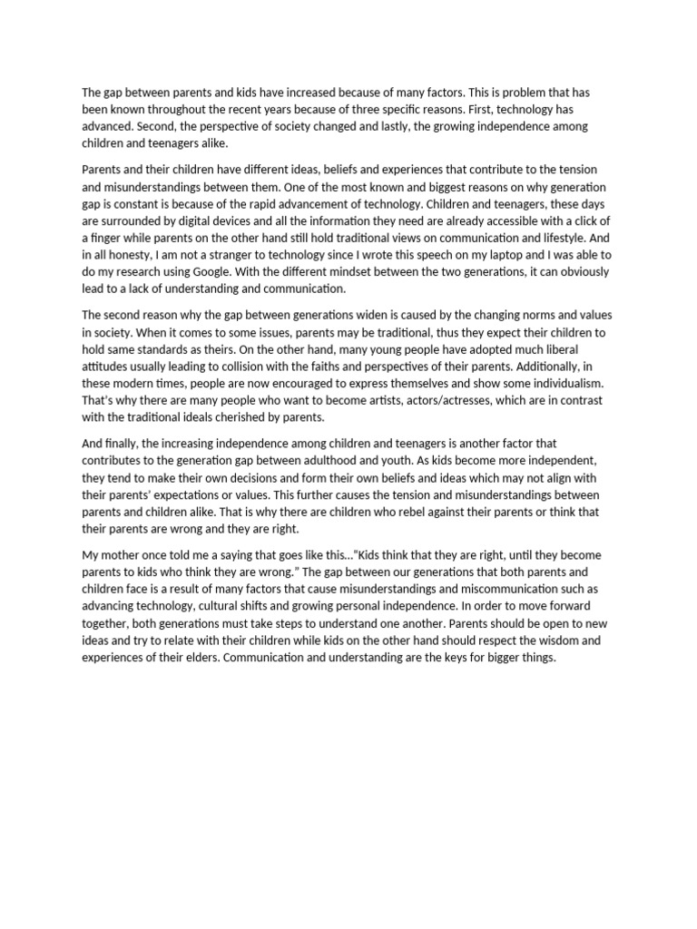 Generation Gap Essay Speech | PDF | Adolescence | Psychology
