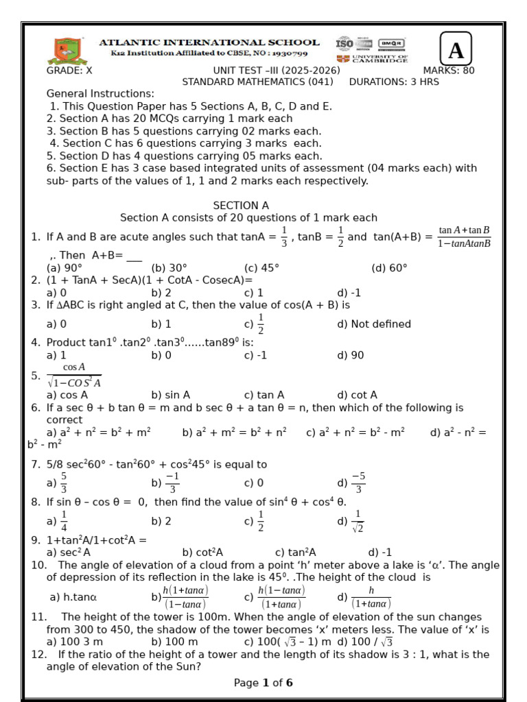 Unit Test III MATHS | PDF | Arithmetic Mean | Mean