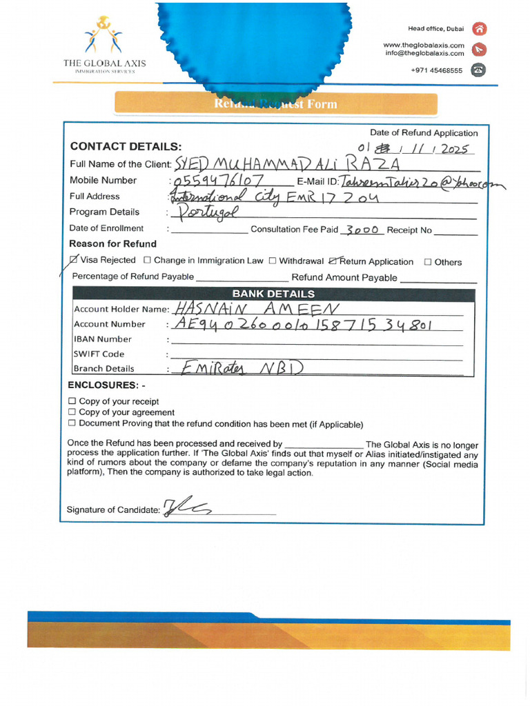 Syed Muhammad Ali Raza - Refund Request Form | PDF