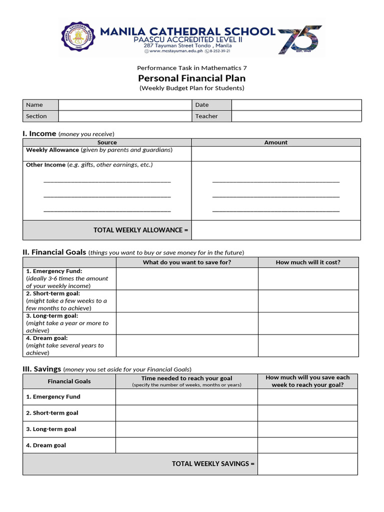 Personal Financial Plan: I. Income | PDF | Expense | Economies
