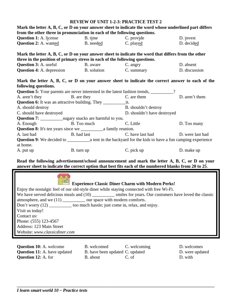 Review Unit 1-2-3 - Practice Test 2 - Khong Dap An | PDF | Physical ...