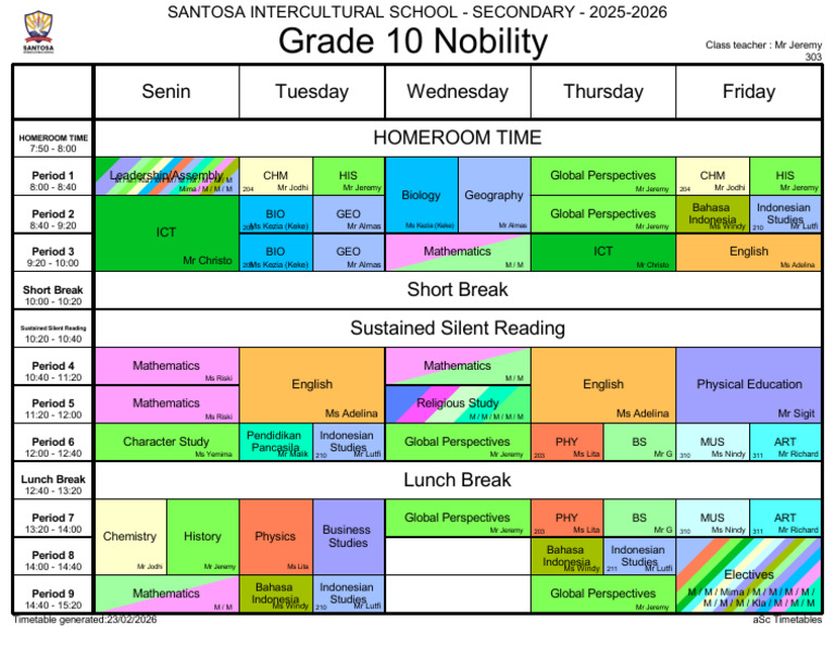 2025-2026 SANTOSA TIMETABLE Secondary 2 Semester 2 March by Class 10N | PDF
