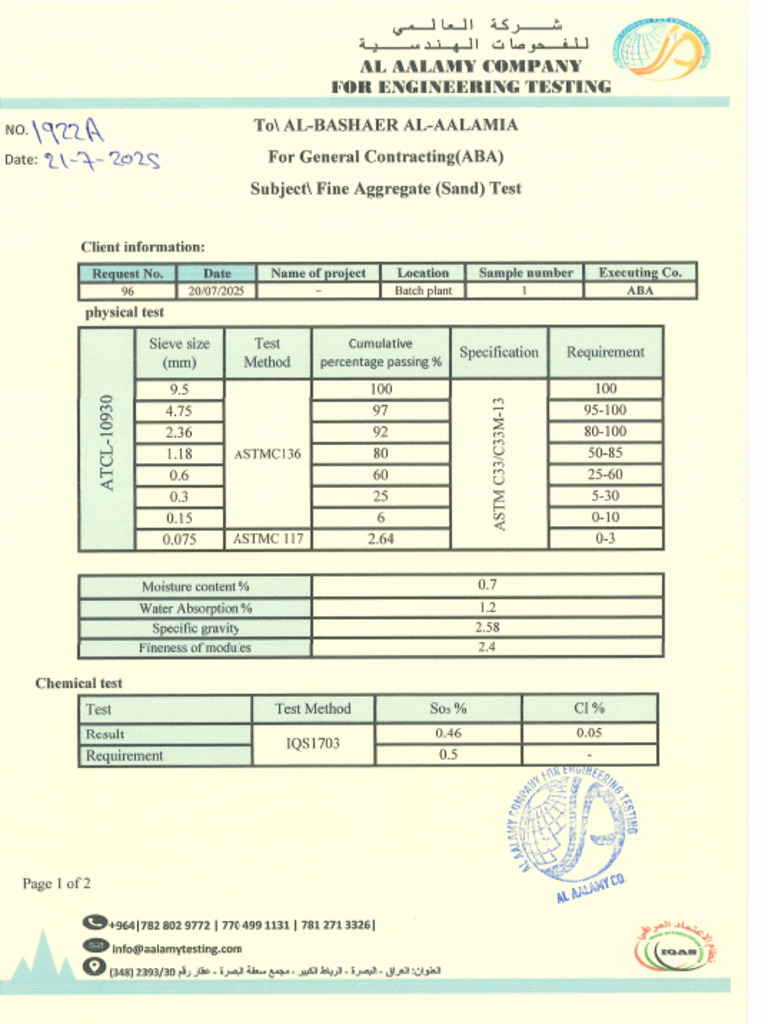 Fine Aggregate (Sand) Test | PDF