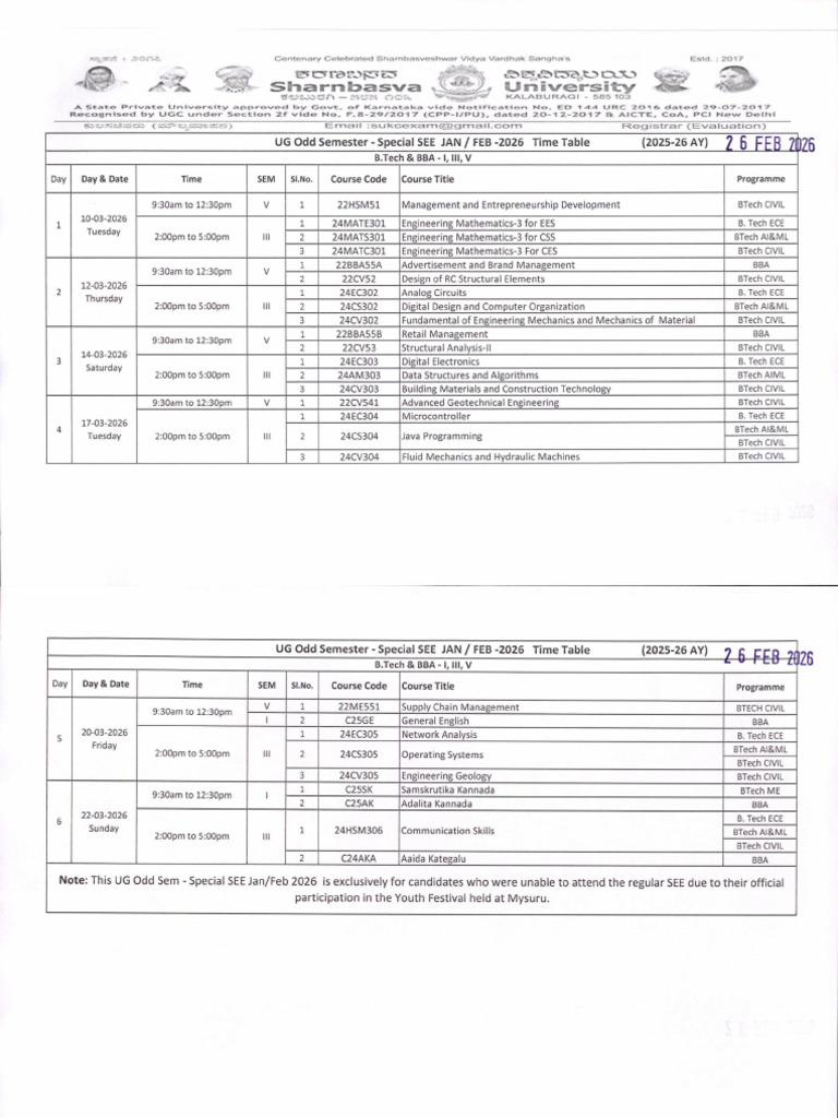UG Odd Semester Special SEE JAN-FEB-2026 Final Time Table (2025-26 AY ...
