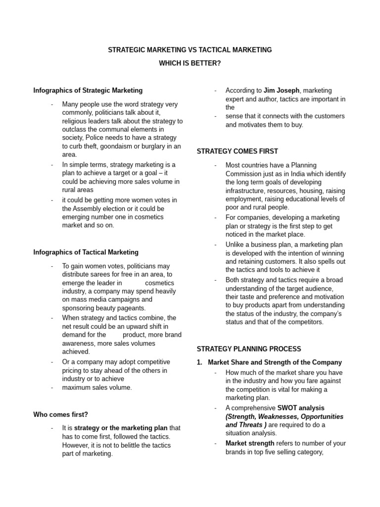 Strategic Marketing Vs Tactical Marketing | PDF | Marketing | Pricing
