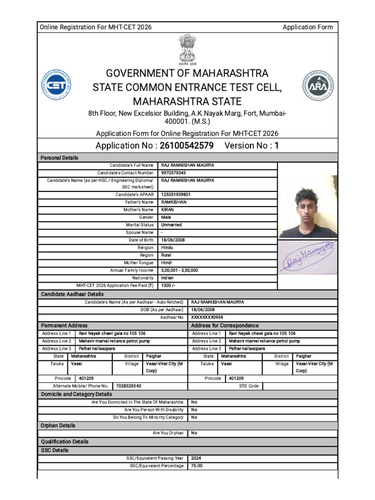 Raj Mht-Cet Final Form | PDF